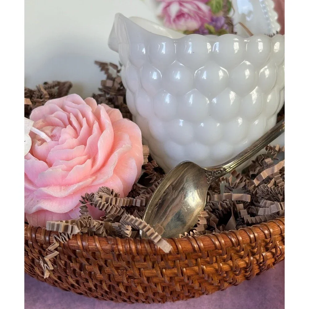 Vintage Milk Glass Creamer Gift Basket – Floral Plate, Pink Rose Candle, Cottage